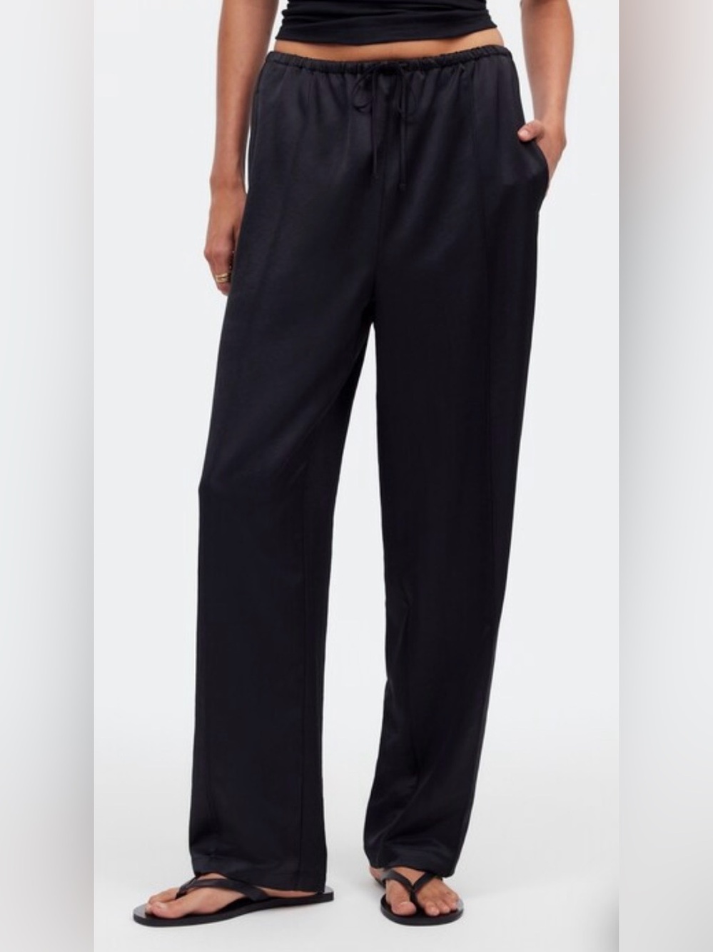 Madewell Pin-tuck Black Satin Drawstring Pants, Relaxed Fit, Size Small